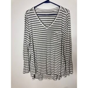 Daily Thread V-Neck Top Women 1X Grey Excellent Striped Pocket Long Sleeve